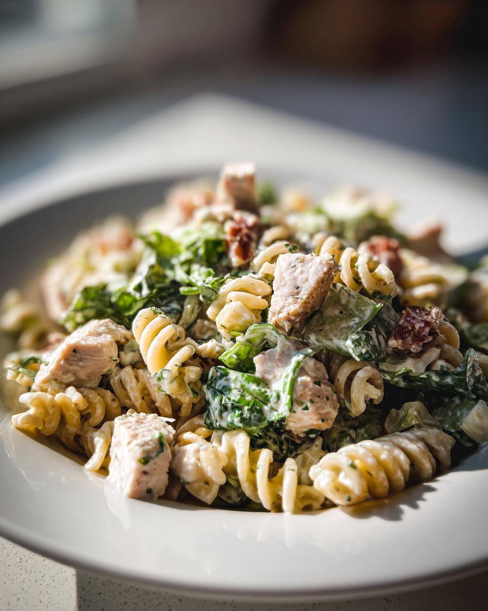 A close-up of a serving of chicken caesar pasta salad featuring rotini pasta, chunks of chicken, and creamy dressing.