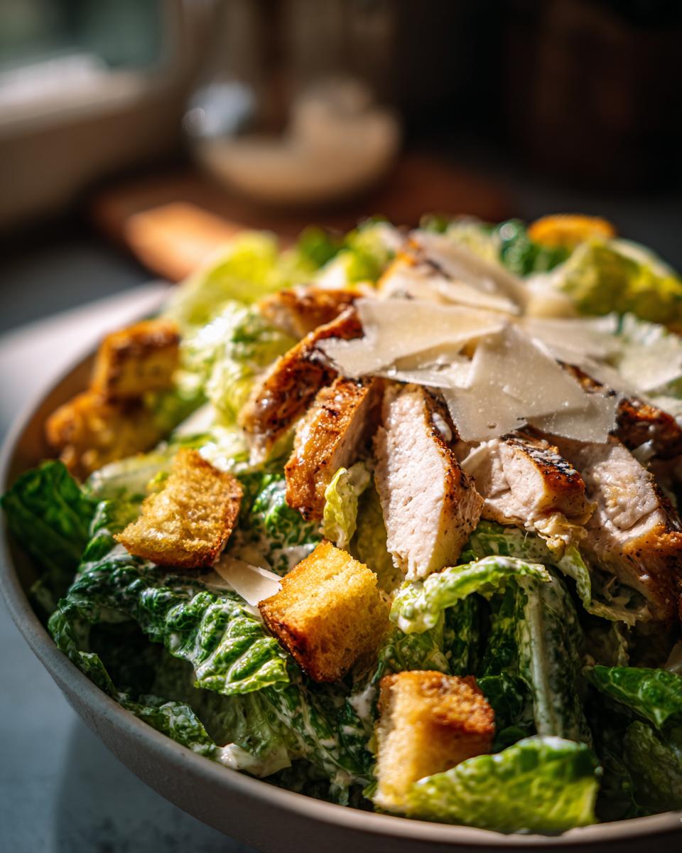 Close-up of a delicious chicken caesar salad featuring grilled chicken slices, crisp romaine, croutons, and shaved Parmesan cheese.