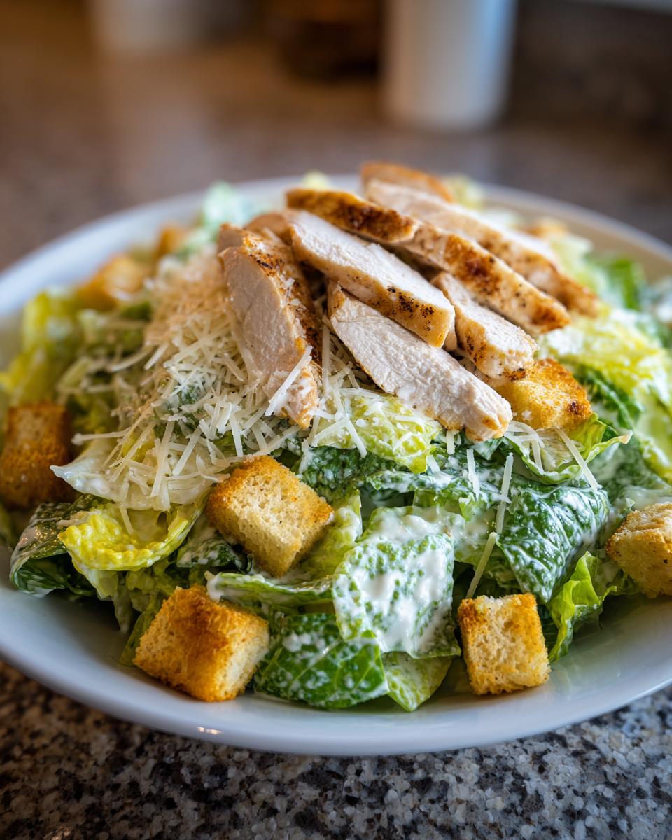 A close-up of a delicious chicken caesar salad topped with sliced grilled chicken, grated parmesan, and crunchy croutons.