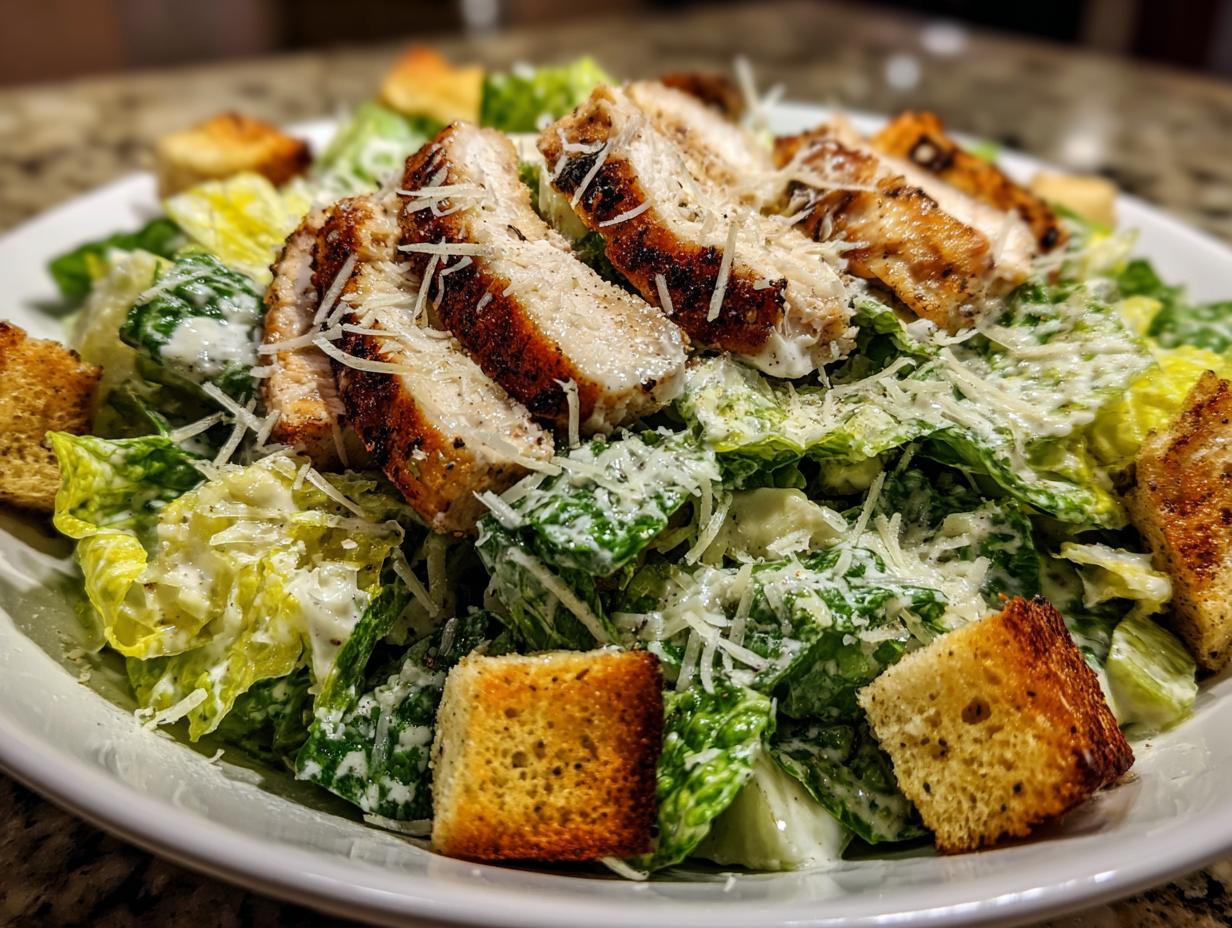 Close-up of a fresh chicken caesar salad topped with grilled chicken slices, croutons, and grated Parmesan cheese.