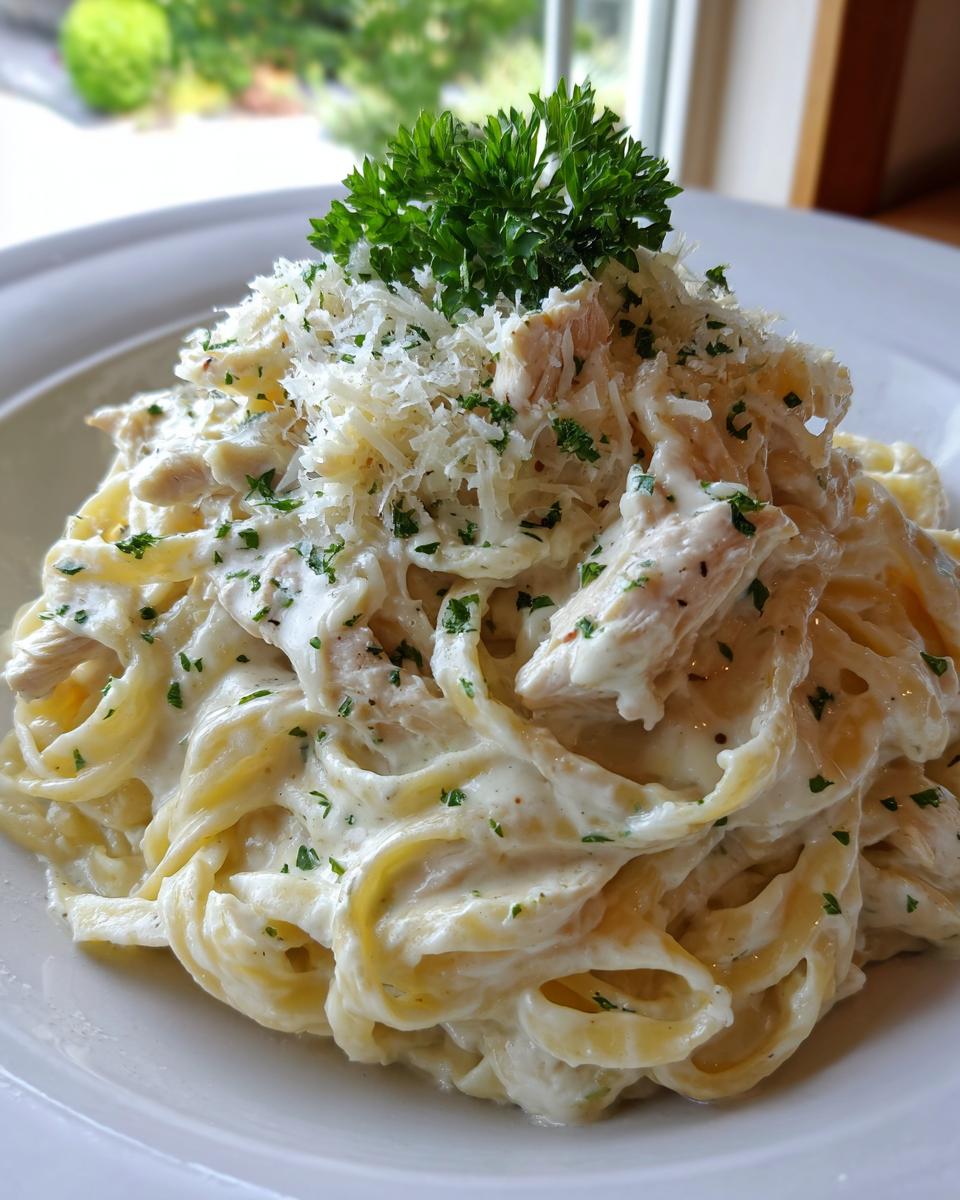 A close-up of rich, creamy chicken fettuccine alfredo topped with grated Parmesan and fresh parsley.