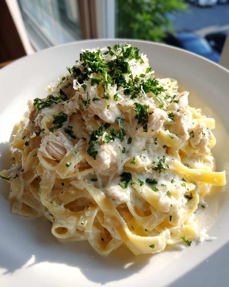 A generous serving of creamy chicken fettuccine alfredo topped with grated Parmesan and fresh parsley.