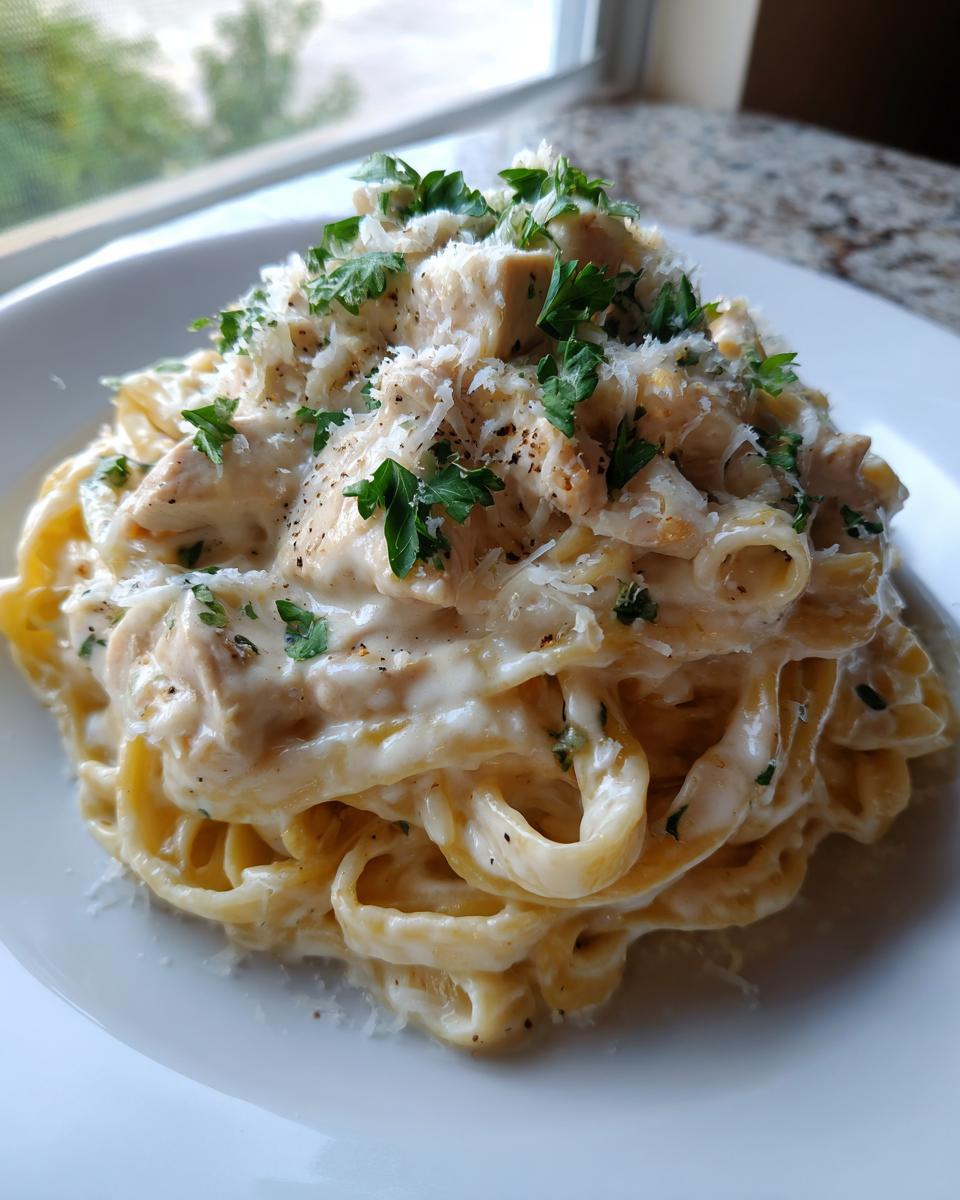 A close-up of a generous serving of chicken fettuccine alfredo pasta topped with Parmesan and fresh parsley.