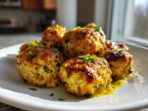 A close-up of golden-brown chicken piccata meatballs resting in a bright lemon-butter sauce and garnished with parsley.