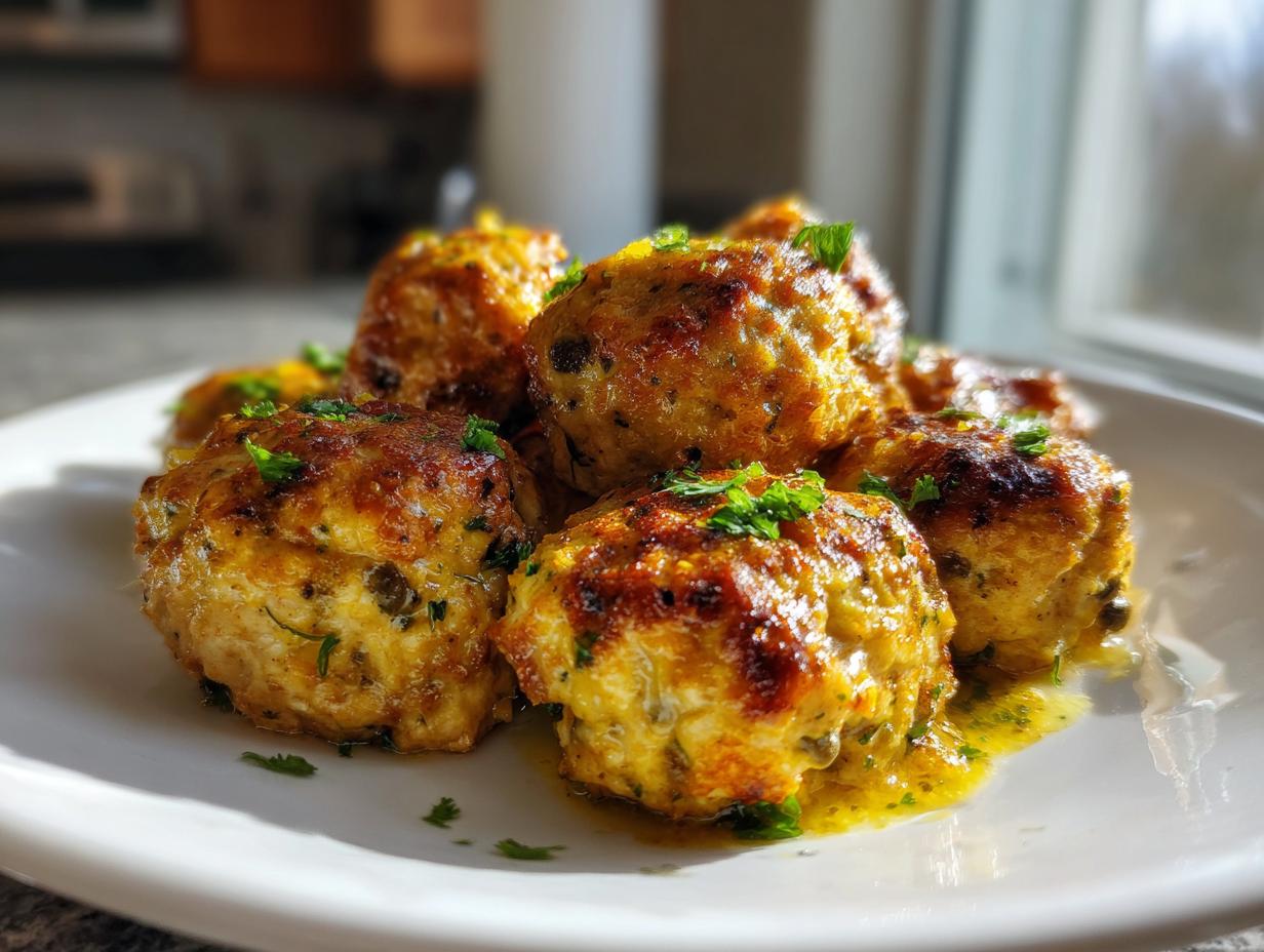 A close-up of golden-brown chicken piccata meatballs resting in a bright lemon-butter sauce and garnished with parsley.