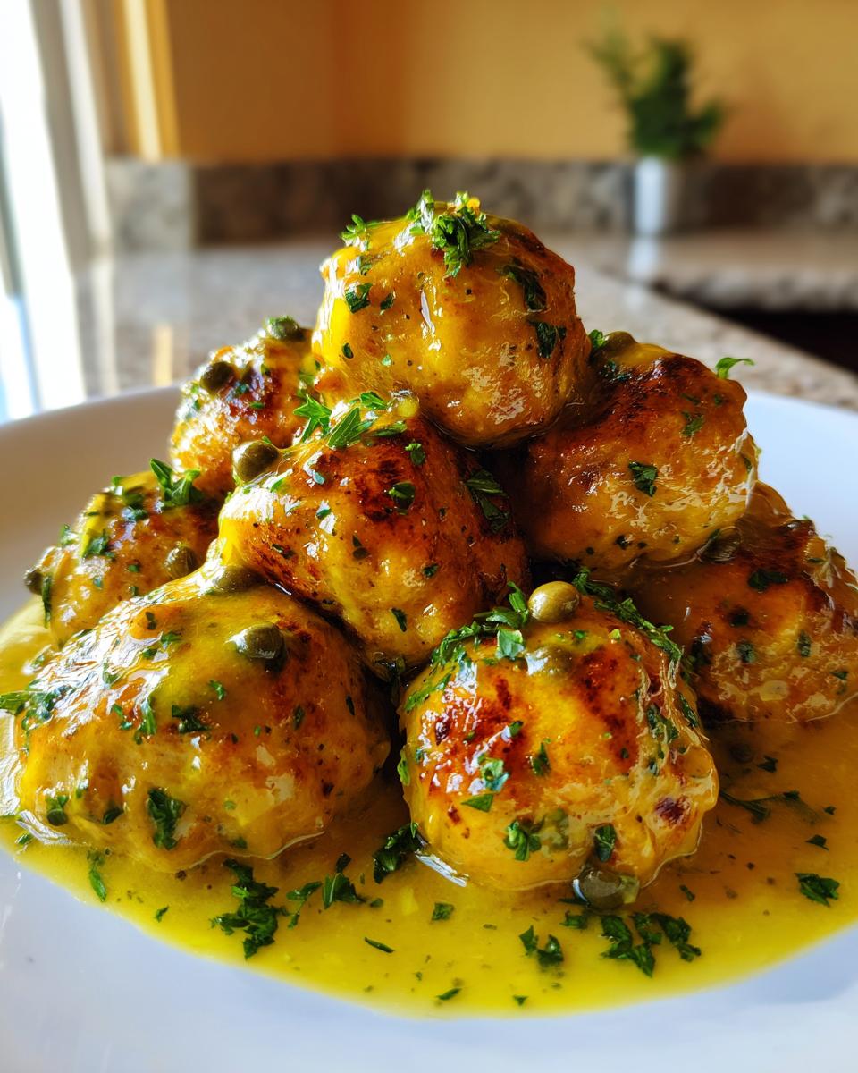 A close-up stack of golden brown chicken piccata meatballs smothered in a bright yellow lemon-caper sauce and topped with fresh parsley.