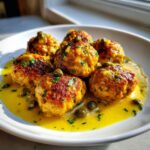 Six golden-brown chicken piccata meatballs served in a bright yellow lemon-caper sauce, garnished with fresh parsley.