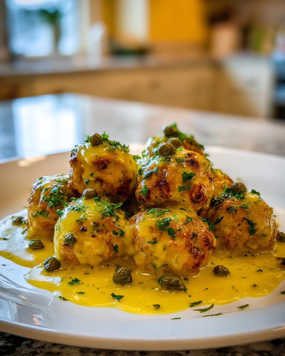 A plate of golden brown chicken piccata meatballs covered in a bright yellow lemon-caper sauce and garnished with fresh parsley.