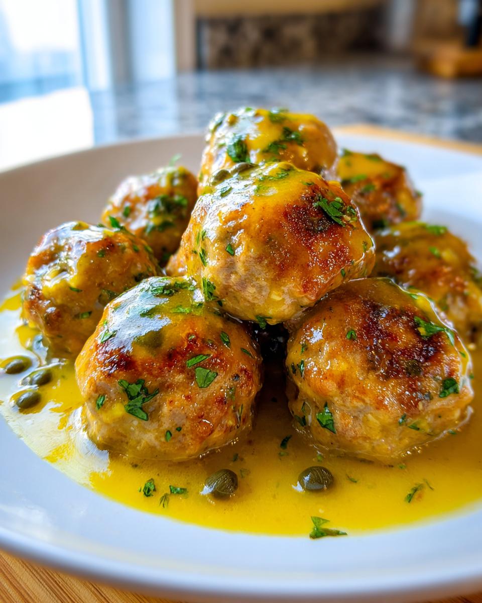 A stack of golden brown chicken piccata meatballs covered in a bright yellow lemon-caper sauce and fresh parsley.
