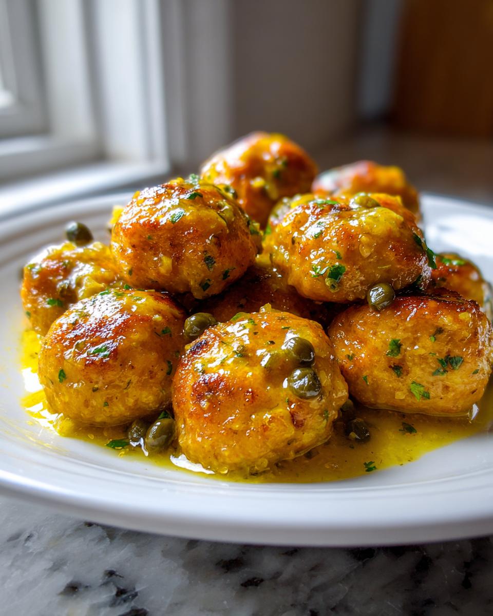A close-up of golden brown chicken piccata meatballs covered in a bright lemon-butter sauce and garnished with capers.