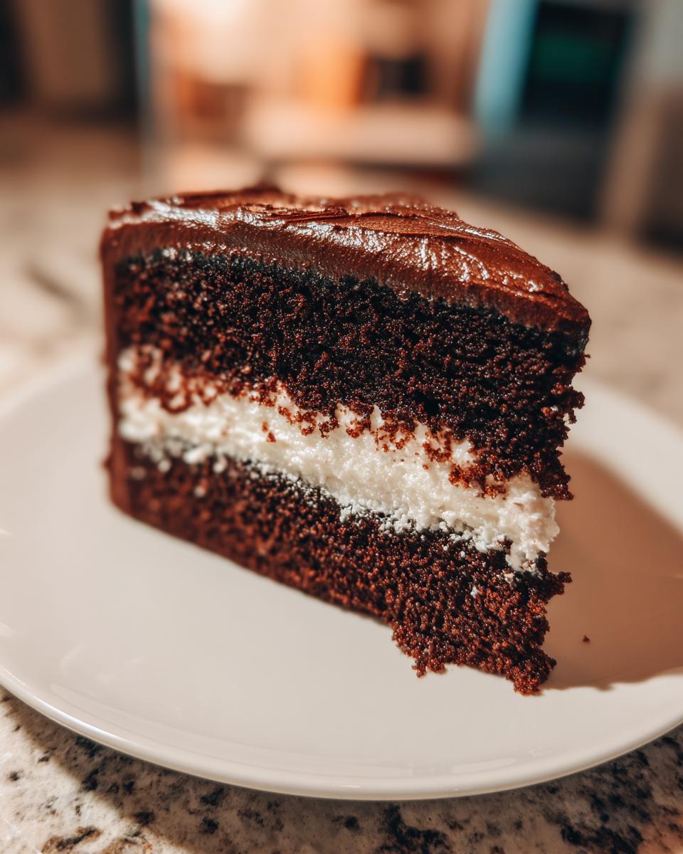 A rich slice of dark chocolate cake with a thick white coconut filling, topped with chocolate frosting, likely representing an italian love cake.