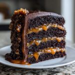 A decadent slice of chocolate caramel toffee crunch cake showing rich dark layers and dripping caramel.