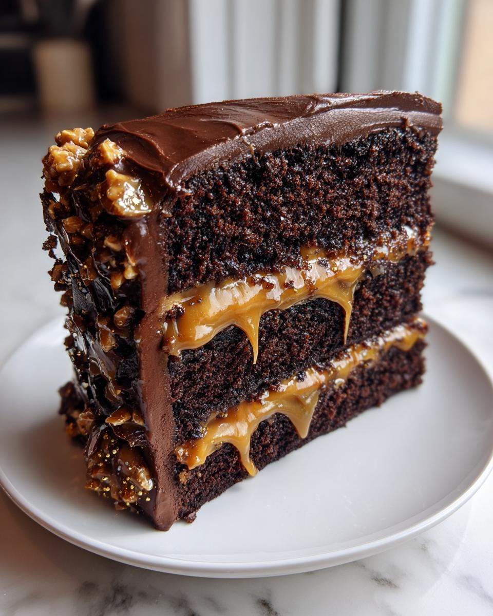 A decadent slice of chocolate caramel toffee crunch cake featuring dark layers, oozing caramel filling, and crunchy toffee coating.