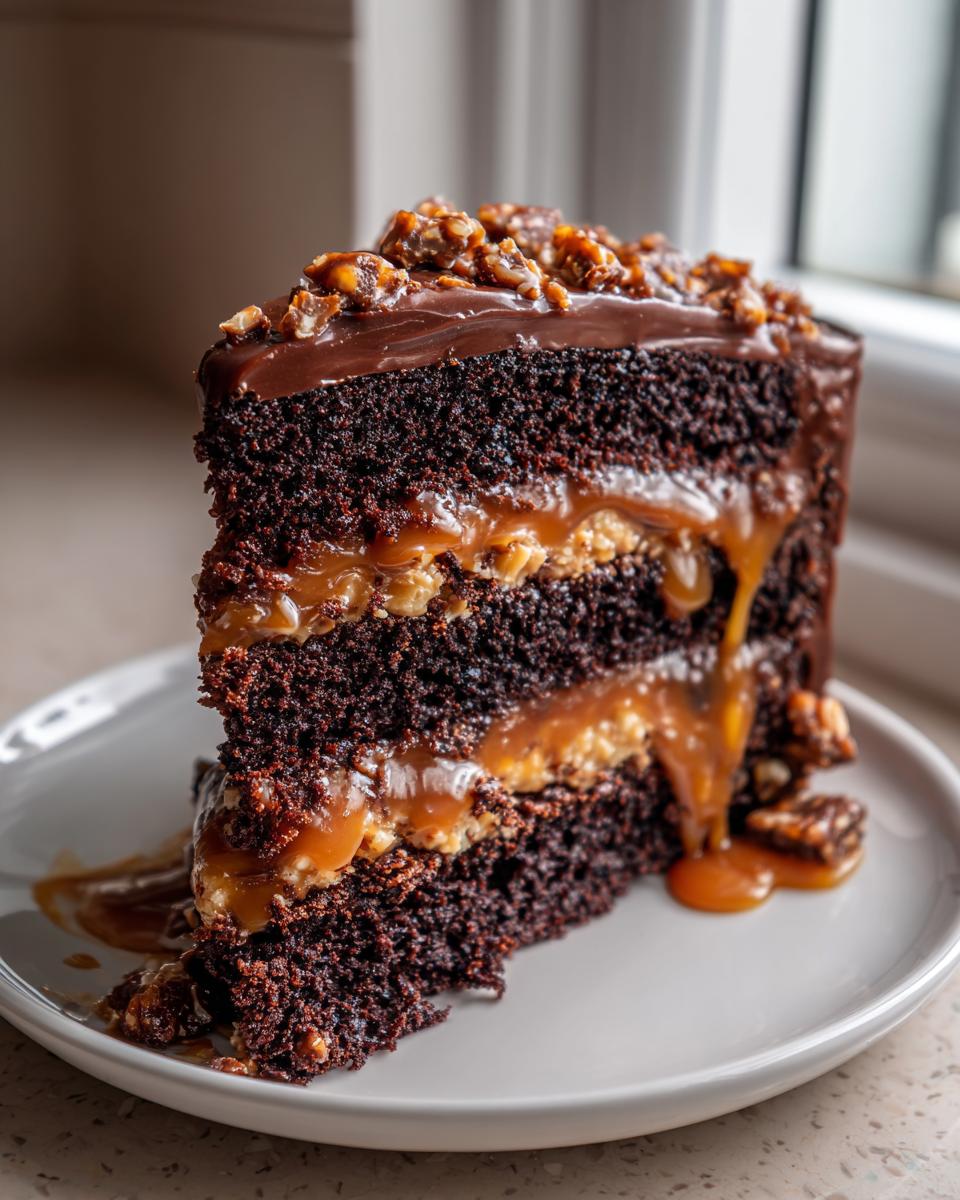A decadent slice of chocolate caramel toffee crunch cake showing three dark chocolate layers filled with gooey caramel.
