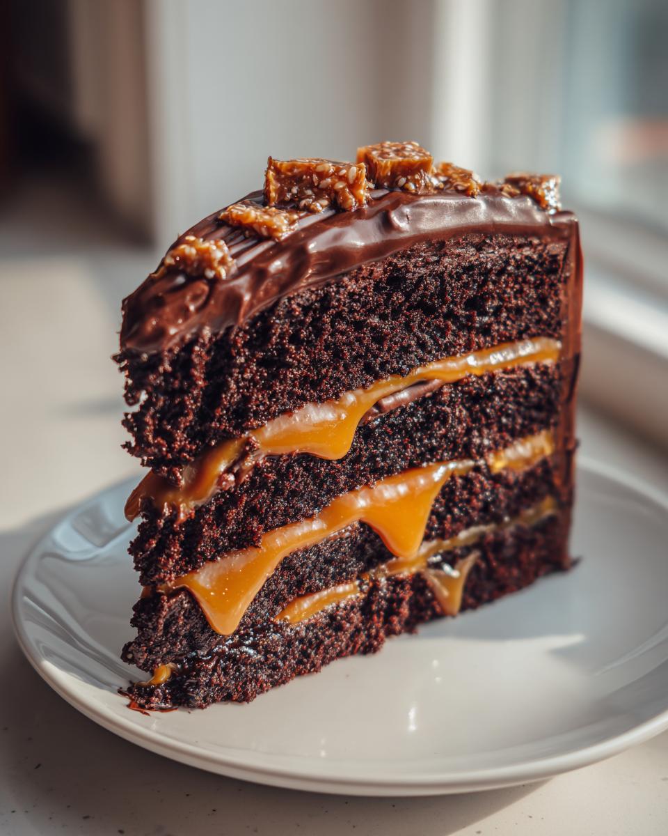 A decadent slice of chocolate caramel toffee crunch cake showing rich dark layers and dripping caramel filling.