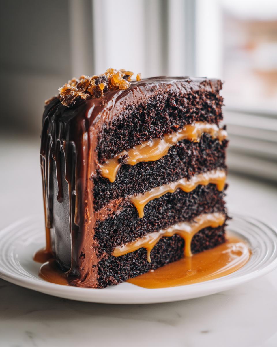 A decadent slice of chocolate caramel toffee crunch cake with dripping caramel sauce and crunchy topping.