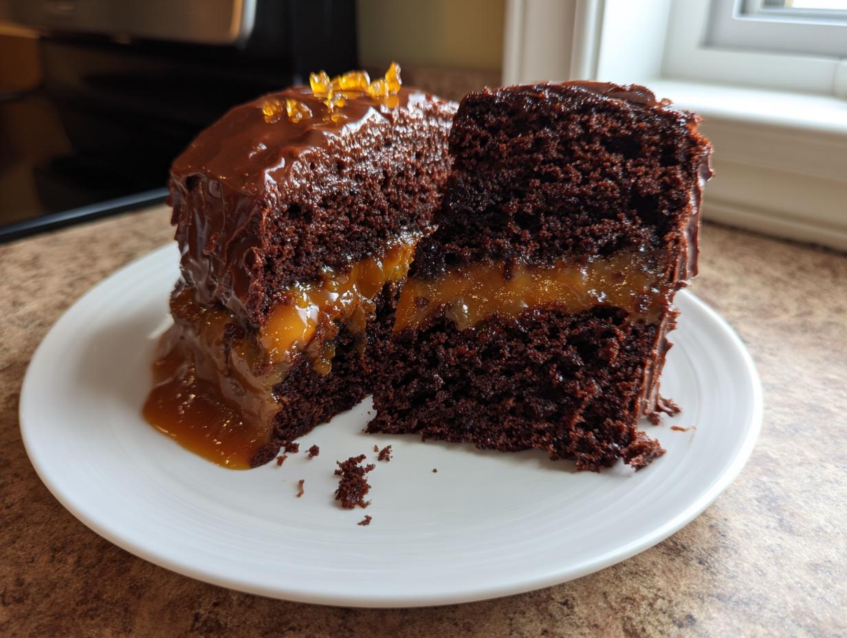 Cross-section of a rich chocolate caramel toffee crunch cake showing moist layers and gooey caramel filling.