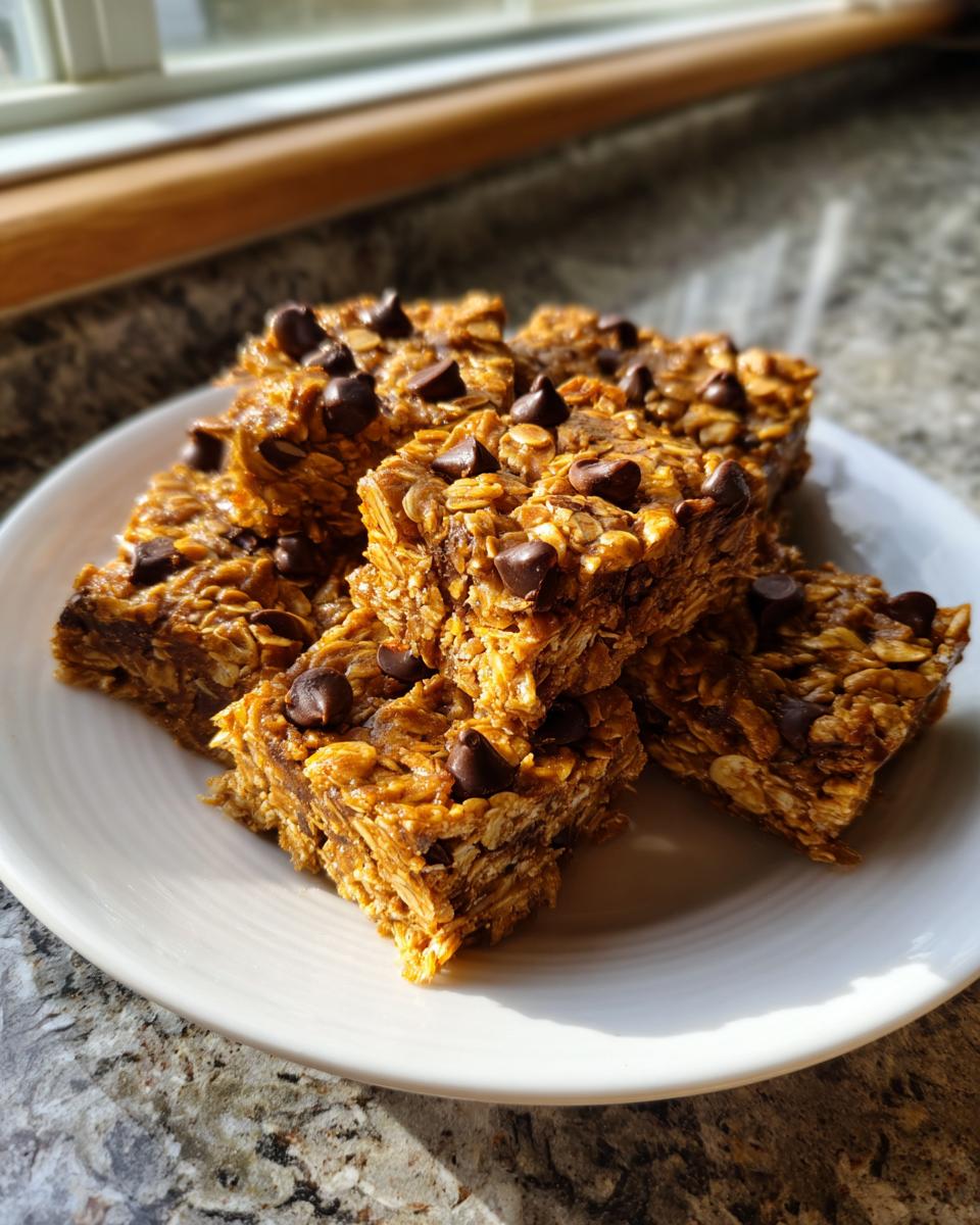 A stack of rich, golden no bake granola bars topped with dark chocolate chips on a white plate.
