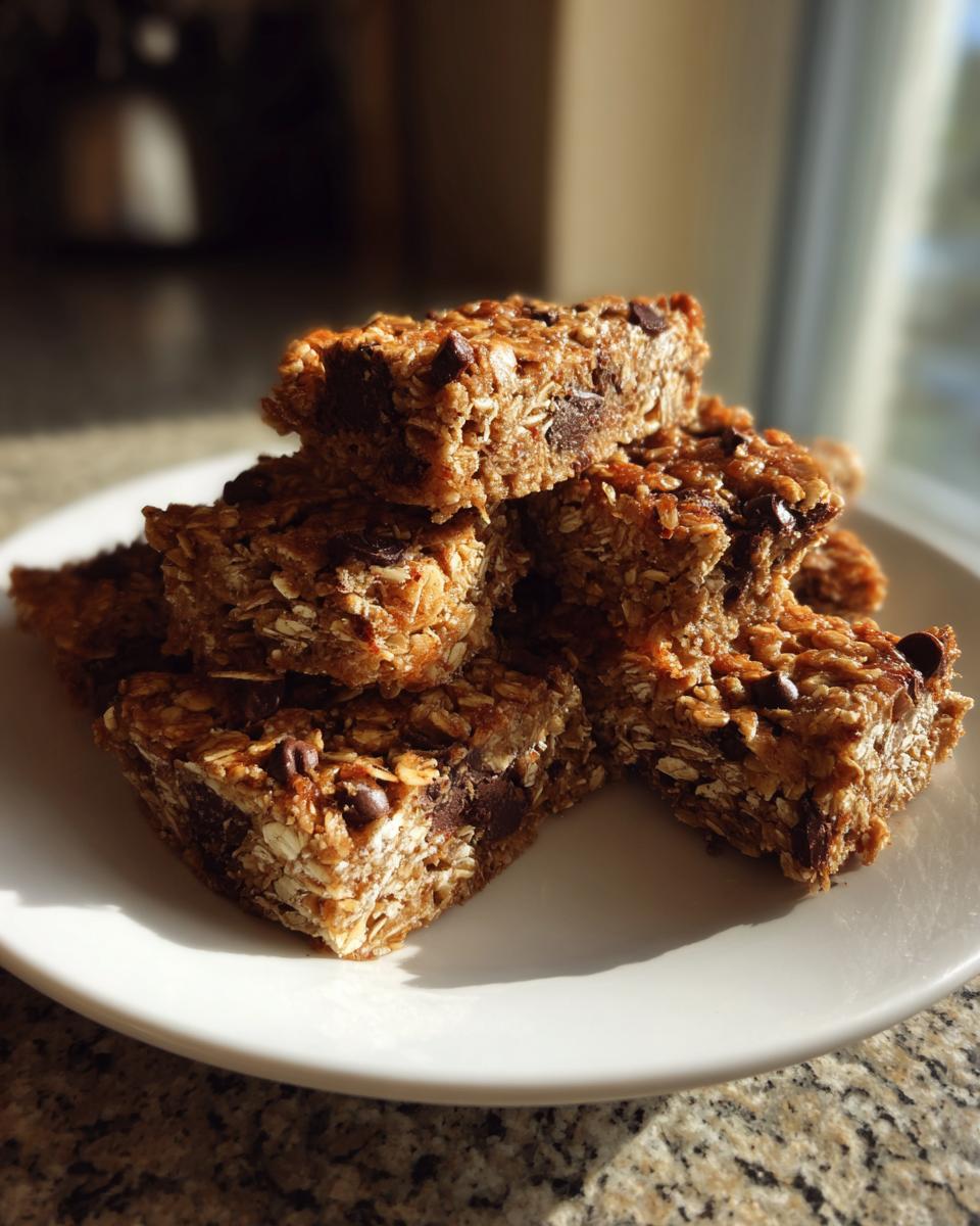 A stack of homemade no bake granola bars loaded with oats and chocolate chips, sitting on a white plate.