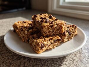 A stack of four delicious no bake granola bars studded with chocolate chips, resting on a white plate.