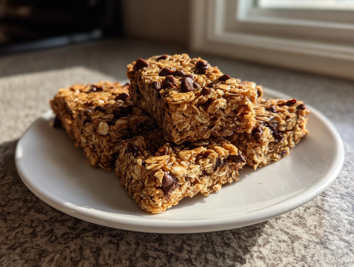 A stack of four delicious no bake granola bars studded with chocolate chips, resting on a white plate.