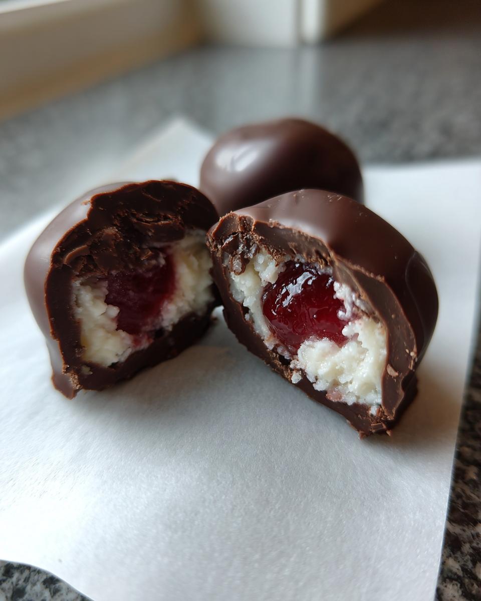 Close-up of homemade chocolate covered cherries cut in half showing the creamy white filling and bright red cherry center.