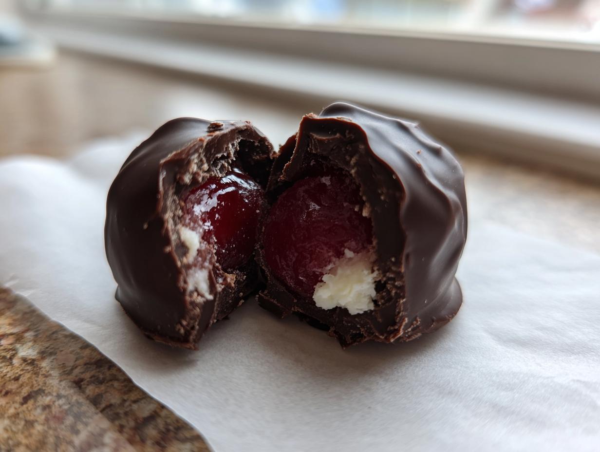 Close-up of a homemade chocolate covered cherries, cut in half revealing the juicy red cherry and white cream filling.