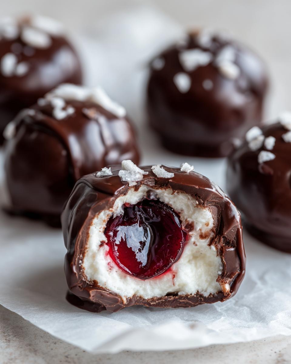 Close-up of a chocolate covered cherries treat cut in half showing the creamy white filling and juicy cherry center.