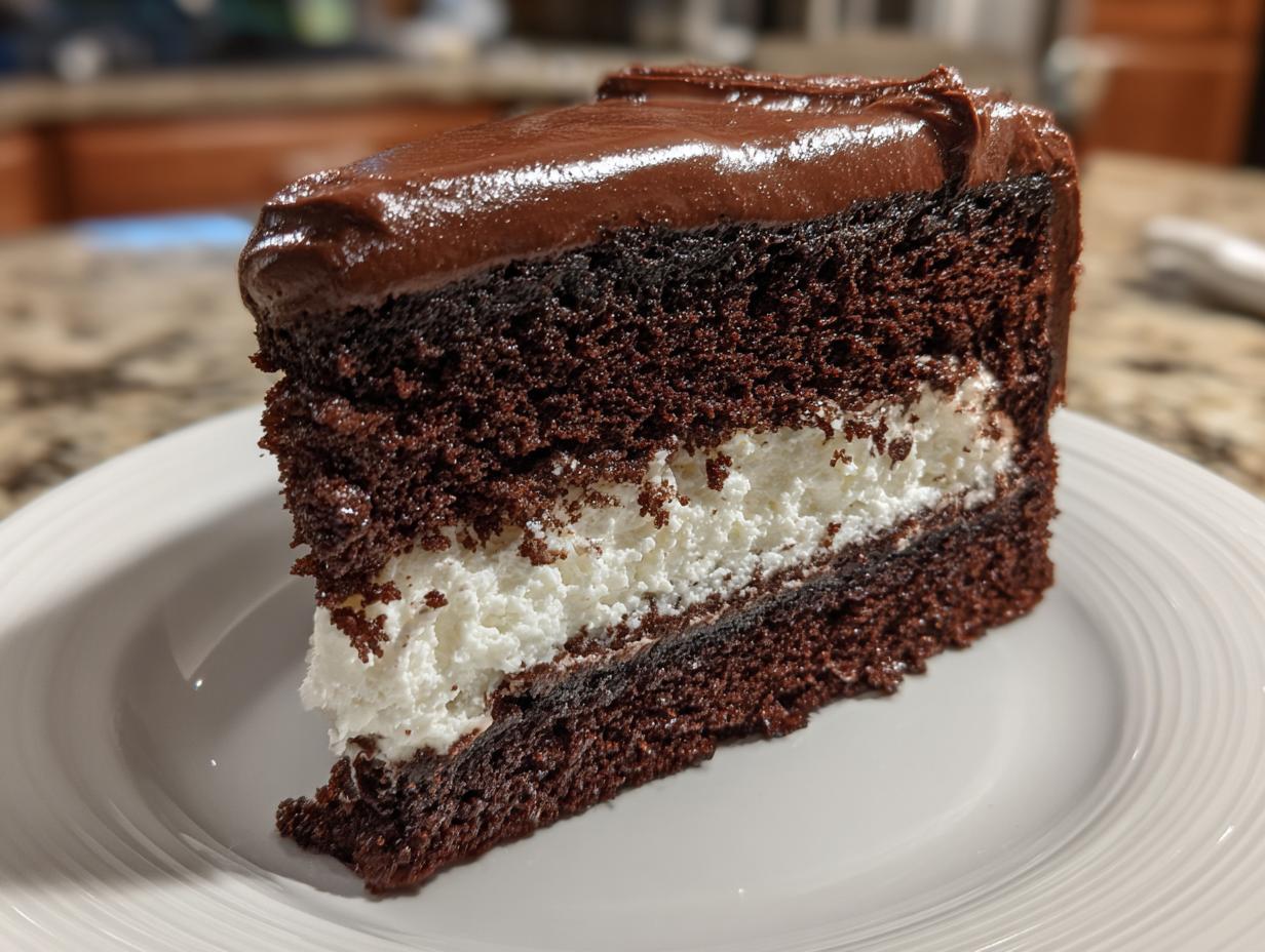 A decadent slice of layered chocolate Italian love cake featuring a white coconut filling and chocolate frosting.