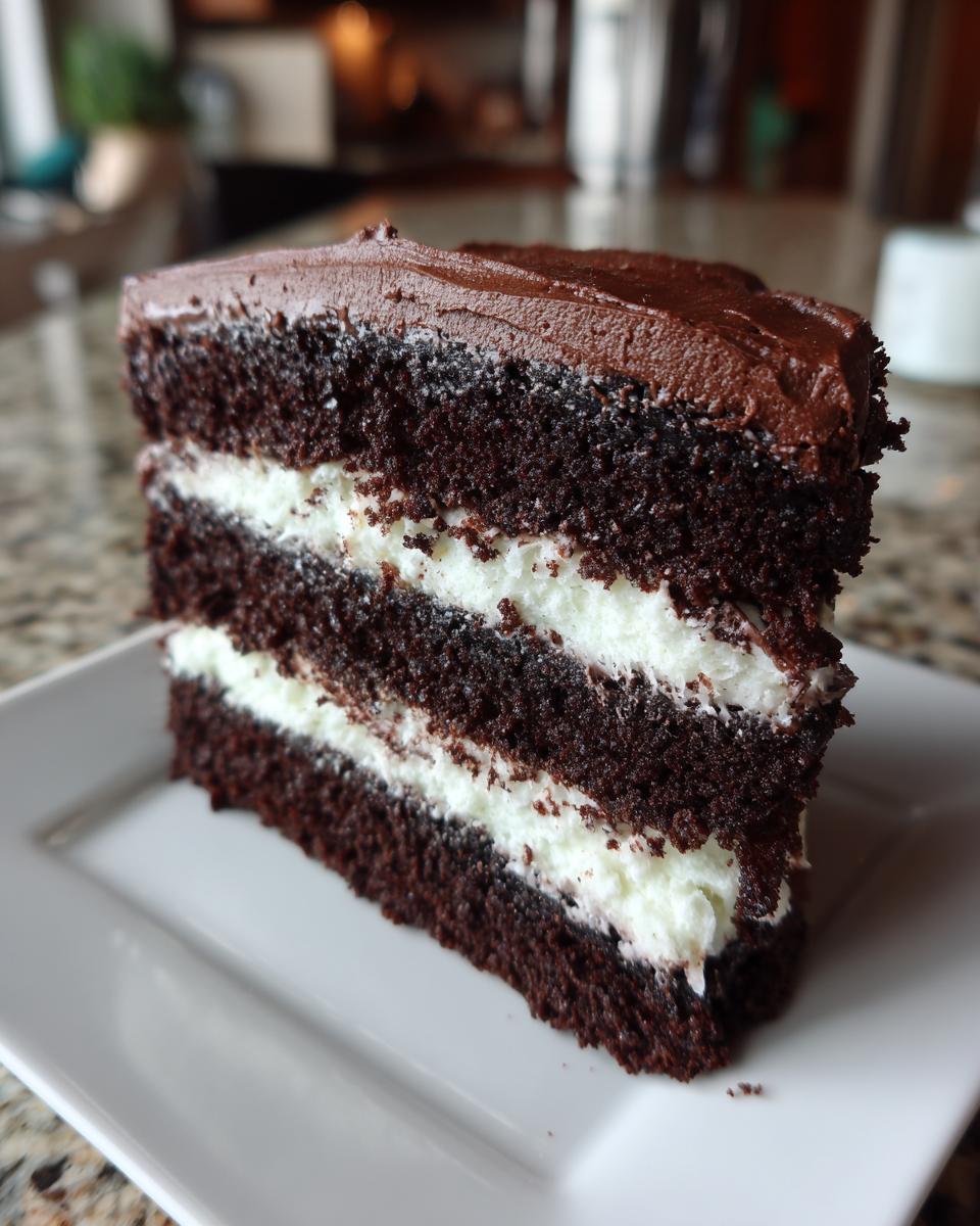 A decadent slice of multi-layered chocolate cake with white filling, resembling an italian love cake, on a white plate.