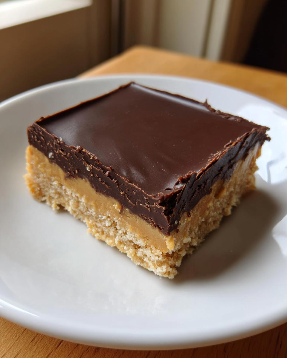 A single square of rich peanut butter bars with a thick, smooth chocolate topping on a white plate.