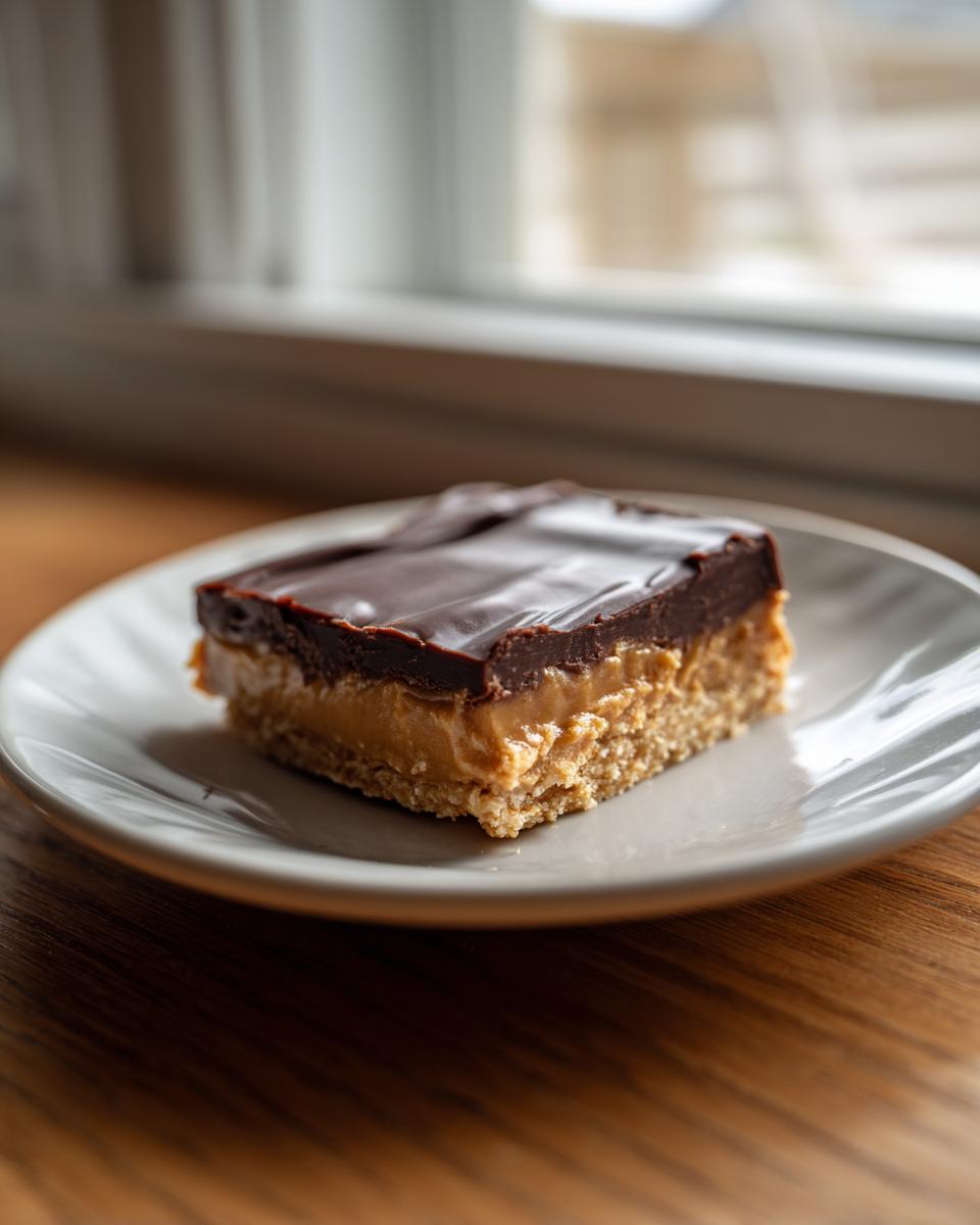 Close-up of a single, layered peanut butter bars slice with a thick chocolate topping on a small plate.