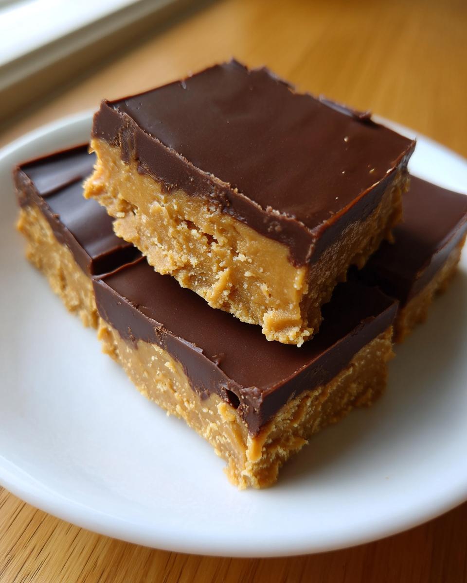 Close-up of three rich peanut butter bars stacked on a white plate, featuring a thick peanut butter base and a smooth chocolate topping.