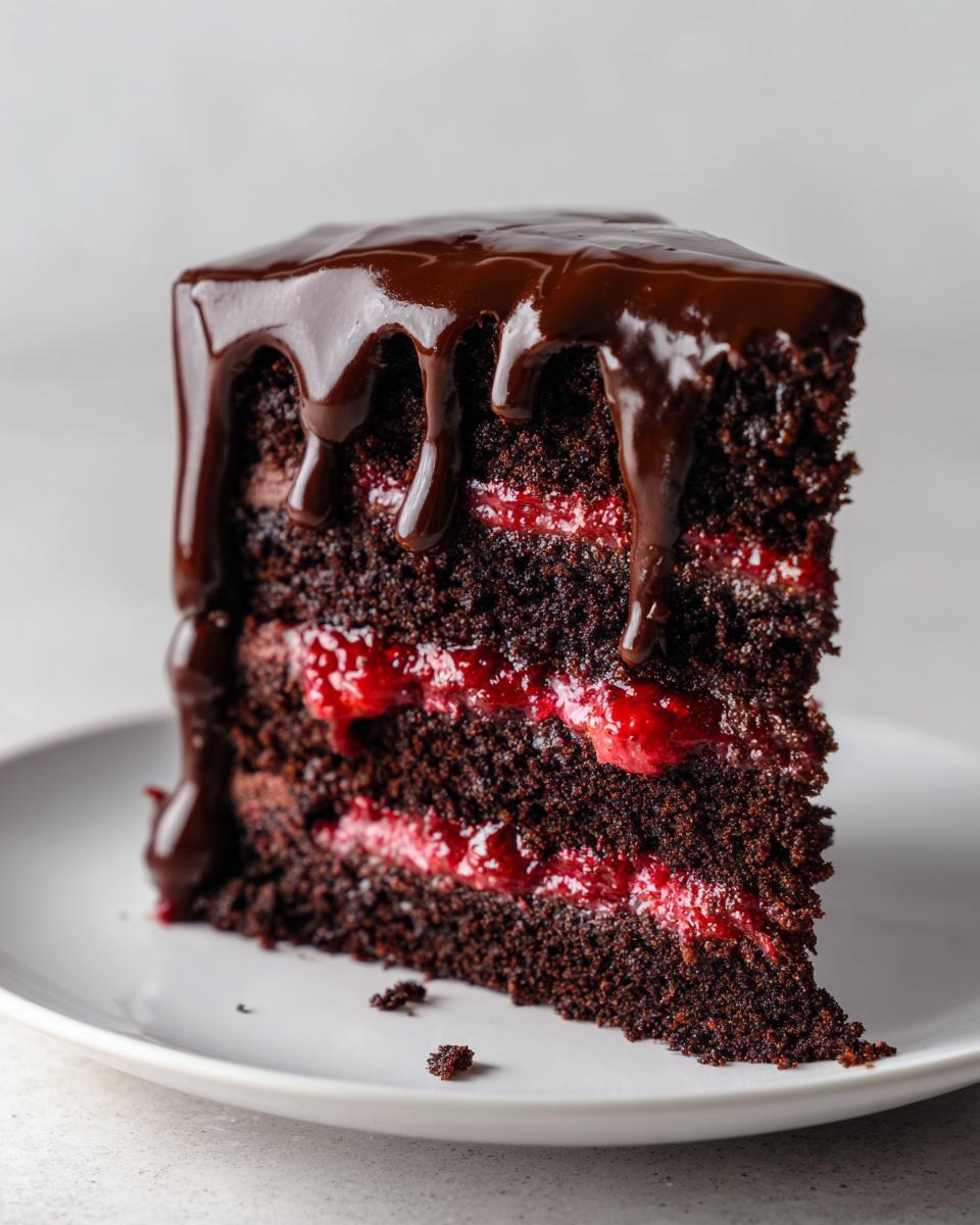 A decadent slice of chocolate raspberry cake featuring three dark layers, bright red raspberry filling, and a thick chocolate ganache drip.