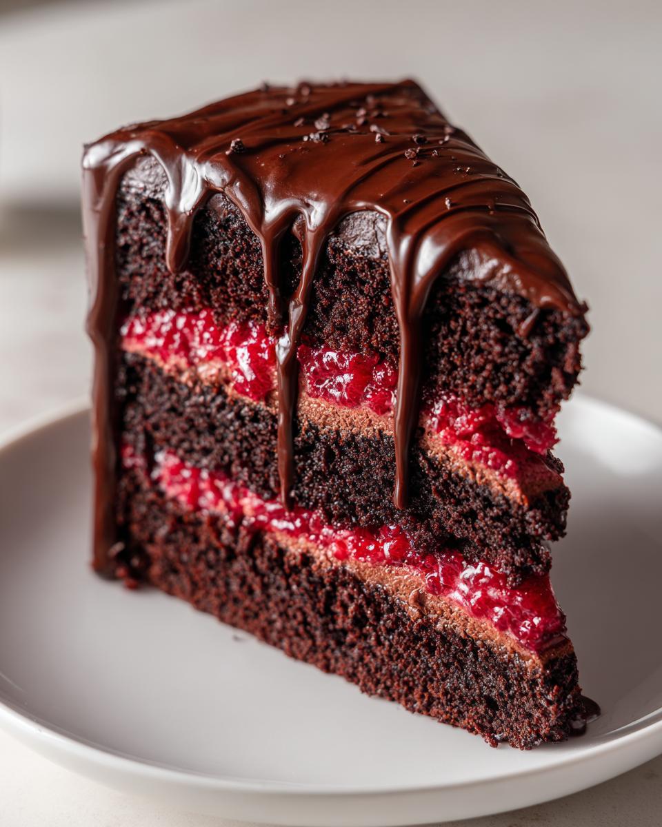 A decadent slice of chocolate raspberry cake featuring dark layers, bright raspberry filling, and a rich chocolate ganache drip.