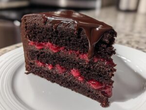 A decadent slice of chocolate raspberry cake showing rich dark layers, bright raspberry filling, and a glossy chocolate ganache drip.