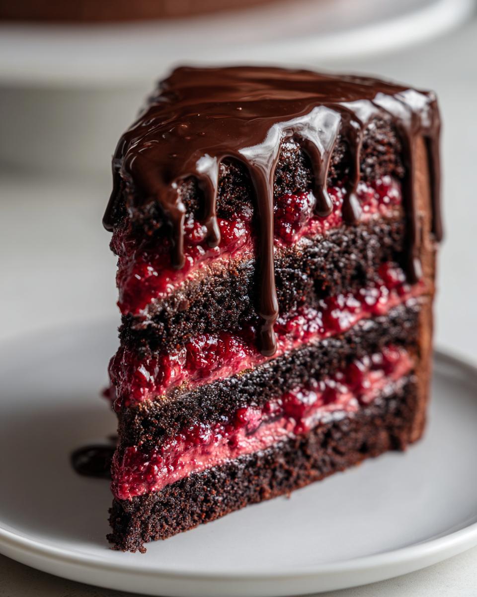 A decadent slice of chocolate raspberry cake showing dark layers, bright red raspberry filling, and a rich chocolate ganache drip.