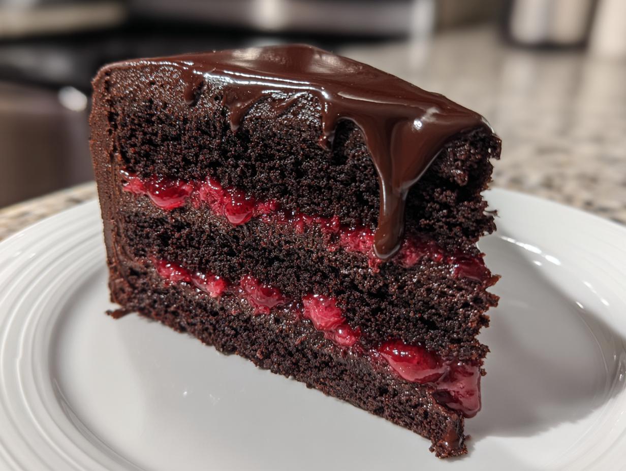 A decadent slice of chocolate raspberry cake showing rich dark layers, bright raspberry filling, and a glossy chocolate ganache drip.
