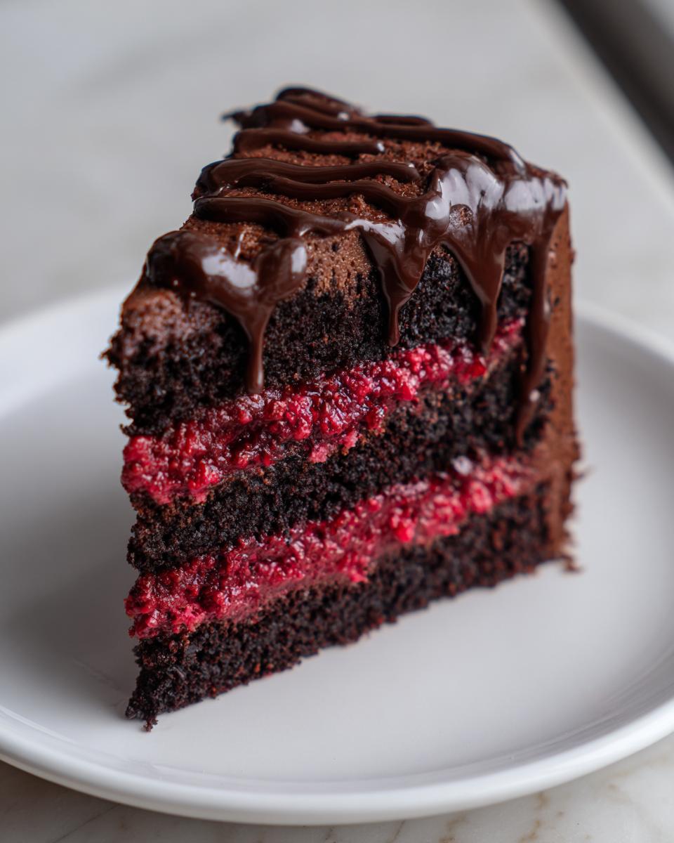A decadent slice of chocolate raspberry cake featuring dark layers, bright red raspberry filling, and chocolate ganache topping.