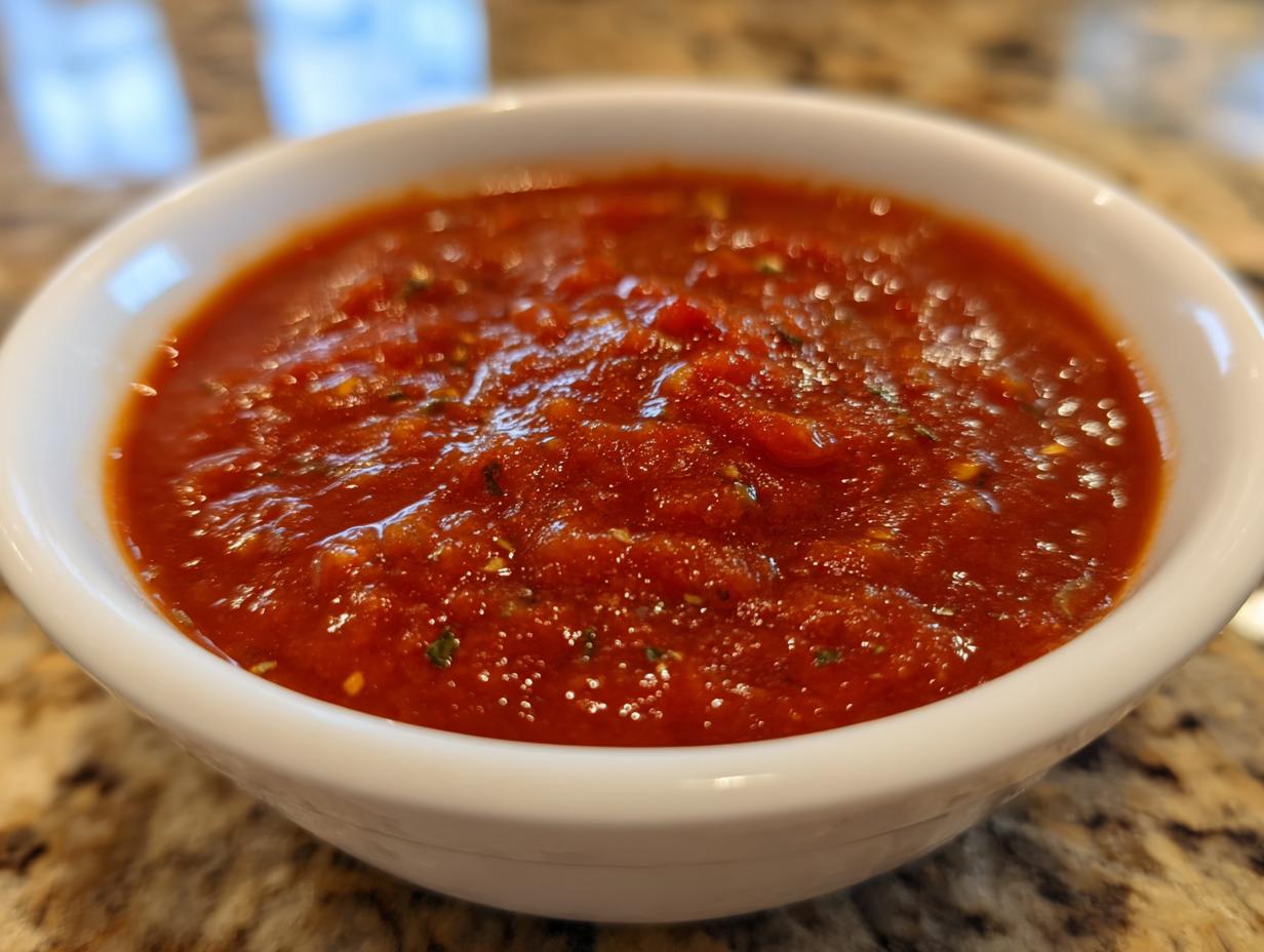 Close-up of a small white bowl filled with rich, chunky homemade tomato sauce, seasoned with herbs.