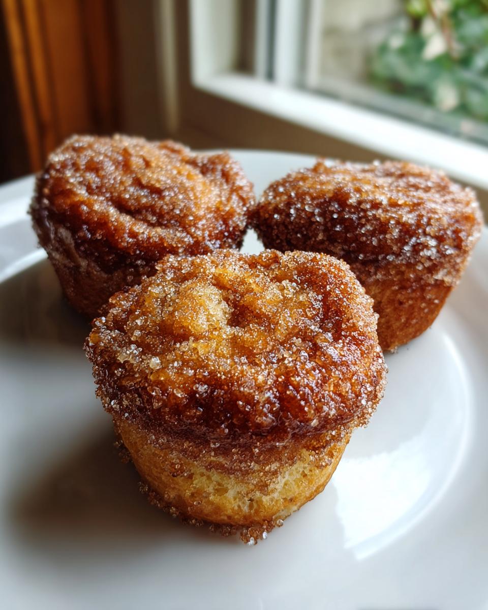 Three golden brown cinnamon sugar french toast muffins heavily coated in sparkling sugar crystals, resting on a white plate.