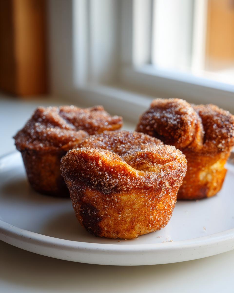 Three golden brown cinnamon sugar french toast muffins heavily coated in sparkling cinnamon sugar, resting on a white plate.