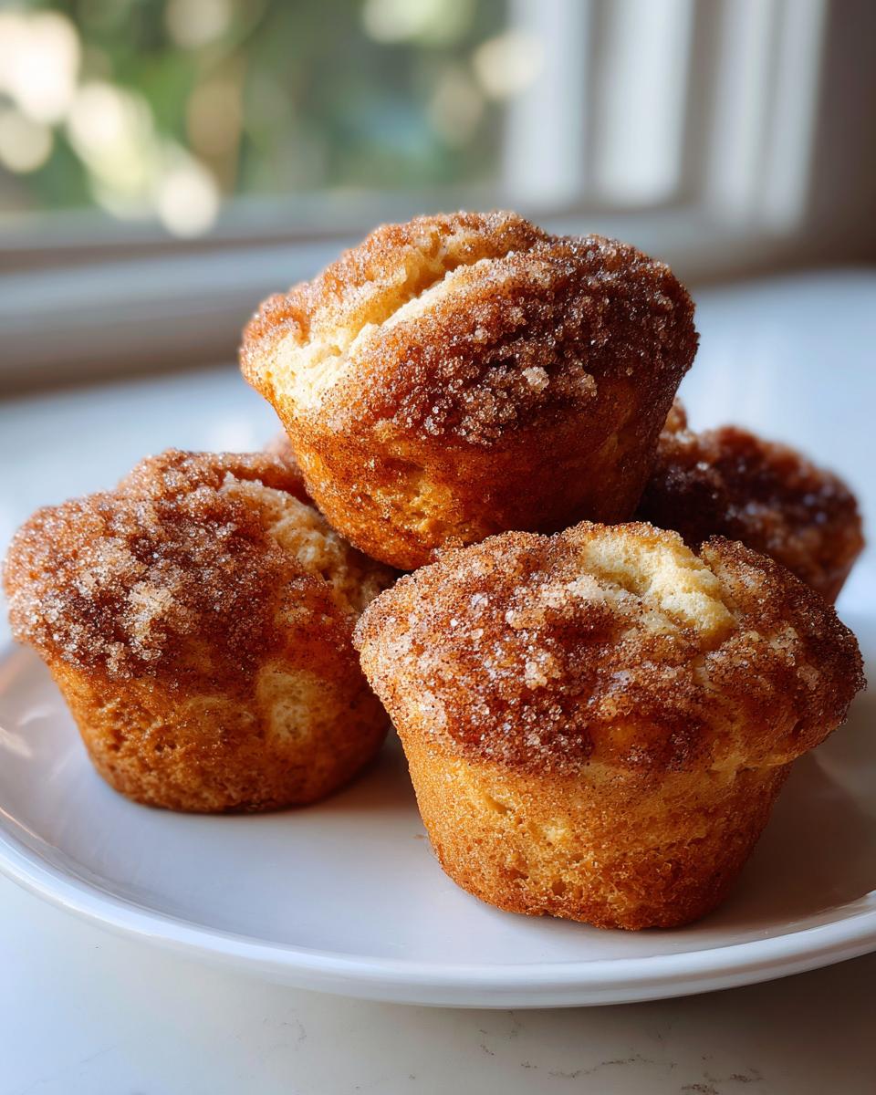 A stack of four golden brown cinnamon sugar french toast muffins coated in sparkling cinnamon sugar topping.