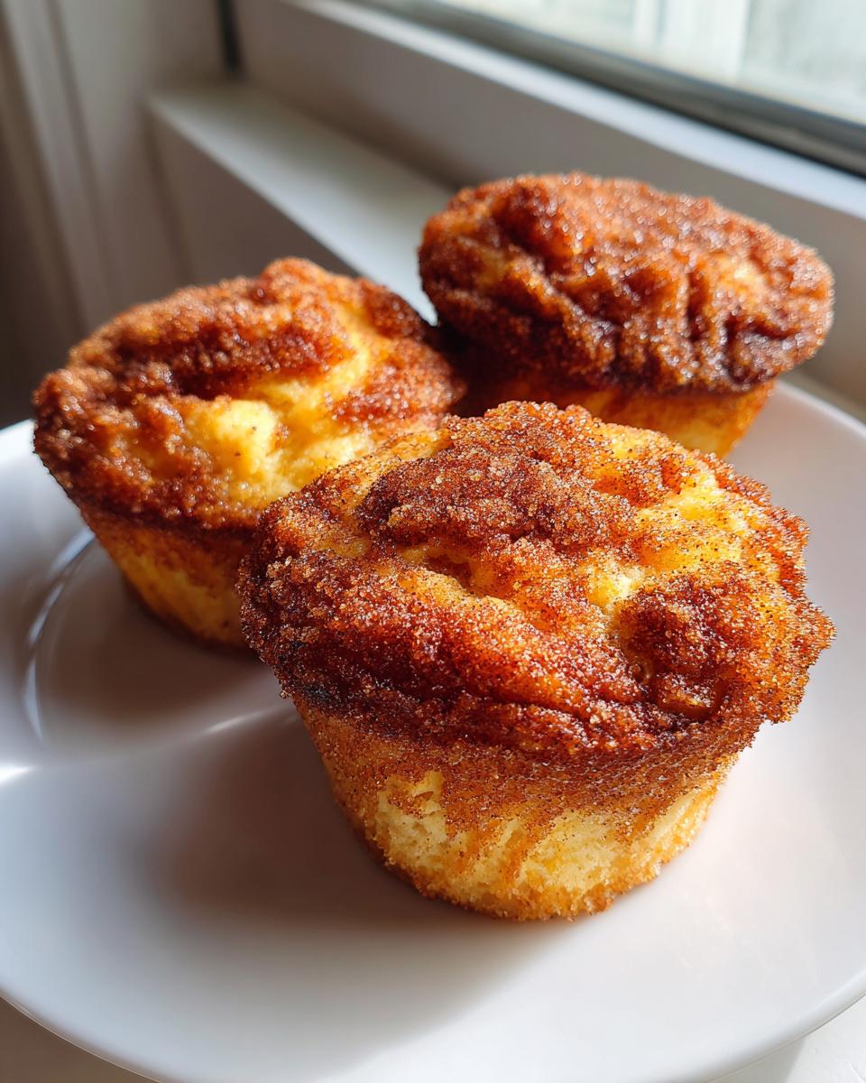 Three freshly baked cinnamon sugar french toast muffins with a crunchy, sugary topping sitting on a white plate.