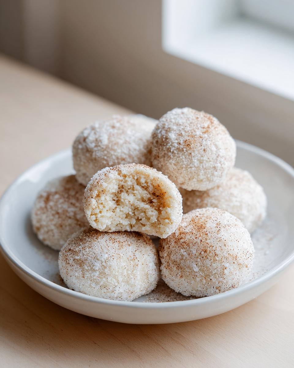 A pile of freshly made cinnamon sugar snowball cookies dusted heavily with powdered sugar and cinnamon.