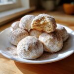 A stack of soft cinnamon sugar snowball cookies heavily dusted with powdered sugar and cinnamon, one cookie is broken open.