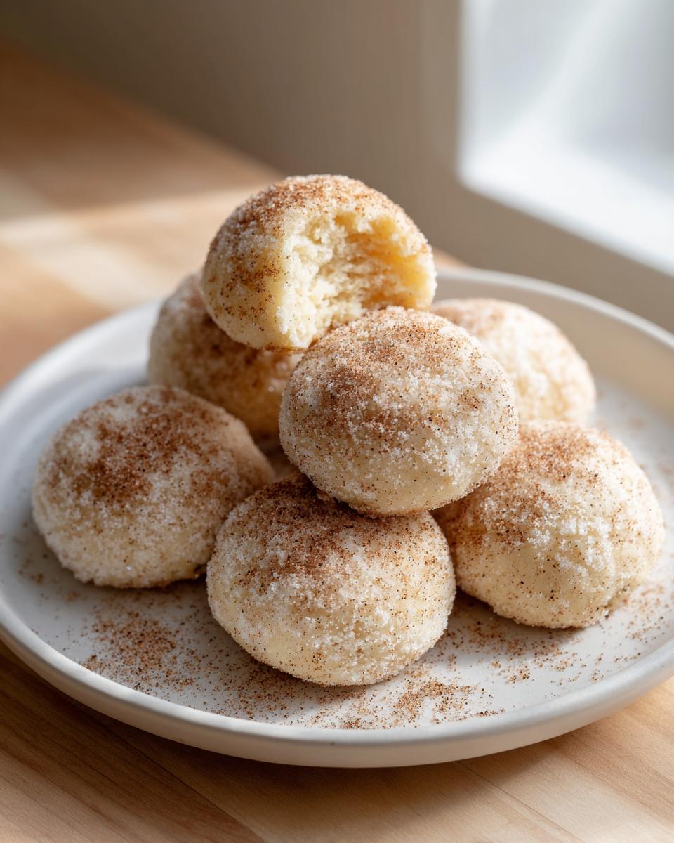 A stack of soft cinnamon sugar snowball cookies coated in white sugar and sprinkled with cinnamon, one cookie has a bite taken out.