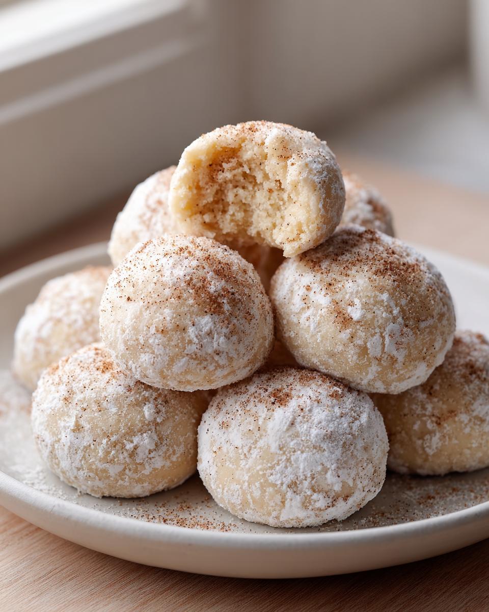 A close-up stack of freshly baked cinnamon sugar snowball cookies dusted with powdered sugar and cinnamon.