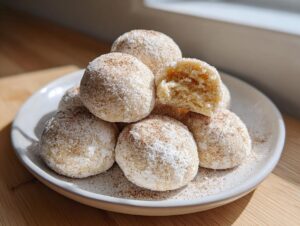 A stack of delicious cinnamon sugar snowball cookies, one broken open to show the soft interior.