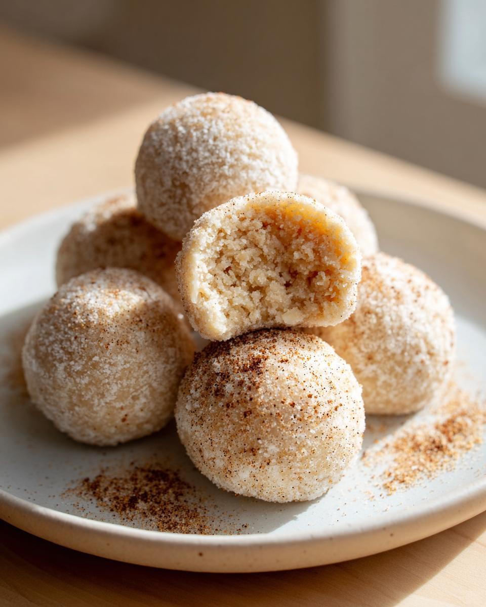 A stack of soft cinnamon sugar snowball cookies dusted heavily with sugar and cinnamon, one cookie is broken open.